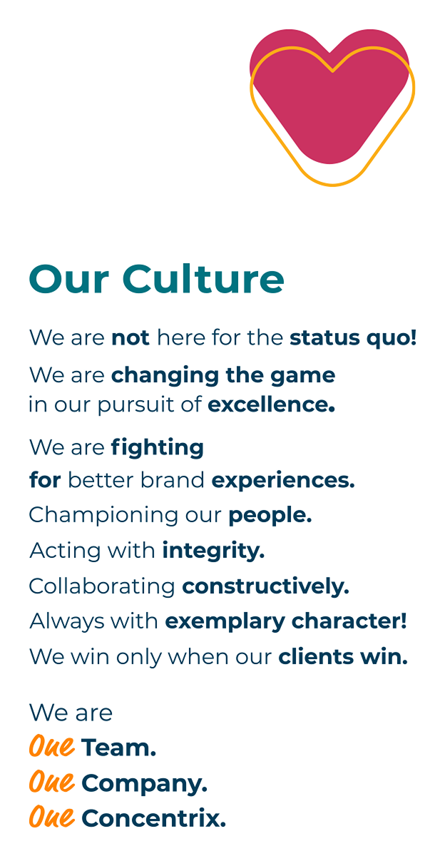 Our Cultures: 'status quo 거부', '탁월함 추구', '정직한 협력', '고객 승리', 'One Concentrix'를 강조하는 기업 문화 텍스트와 함께 왼쪽 상단에 있는 하트 아이콘