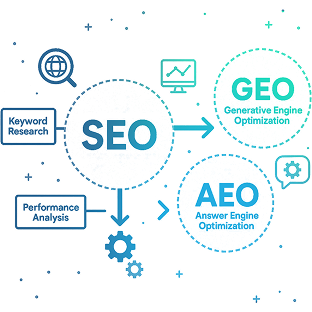 Keyword Research와 Performance Analysis를 기반으로 SEO에서 GEO(Generative Engine Optimization)와 AEO(Answer Engine Optimization)로 확장되는 검색 엔진 최적화 흐름을 시각적으로 표현한 SEO 발전 개념 구조