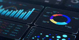 CRM 분석 대시보드 그래픽 — 다양한 막대그래프, 원형차트, 점 그래프가 표시된 디지털 화면으로 고객 데이터와 마케팅 성과를 시각화하고 CRM 자동화 솔루션을 통해 인사이트를 도출하는 모습을 표현
